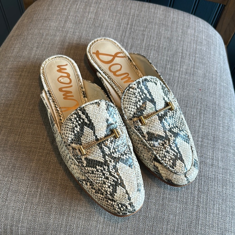 Sam Edelman Cream and Black Mules with Metallic Buckle